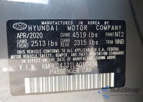 2020 Hyundai Sonata Hybrid Blue from USA, damaged, VIN KMHL24JJ1LA010424